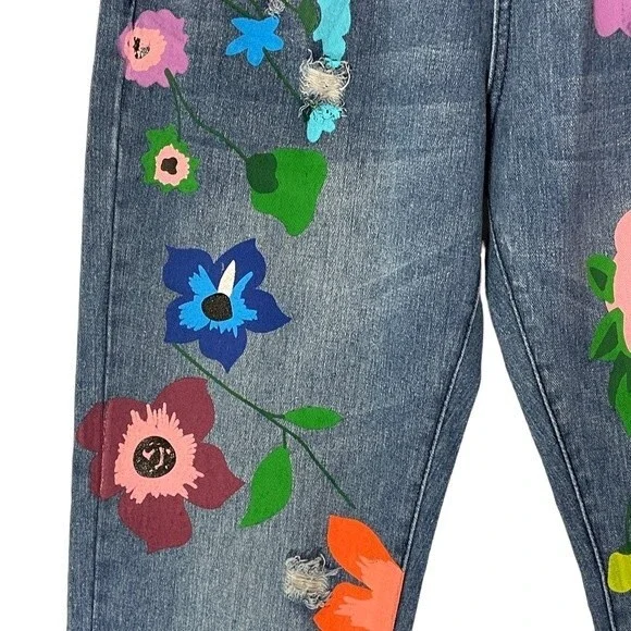 Misslook Floral Blue Jeans Straight Leg High Waist - Picture 6 of 8